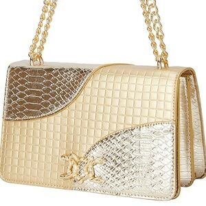 Gold Faux Leather Crossbody Bad W/Shoulder Chain Strap